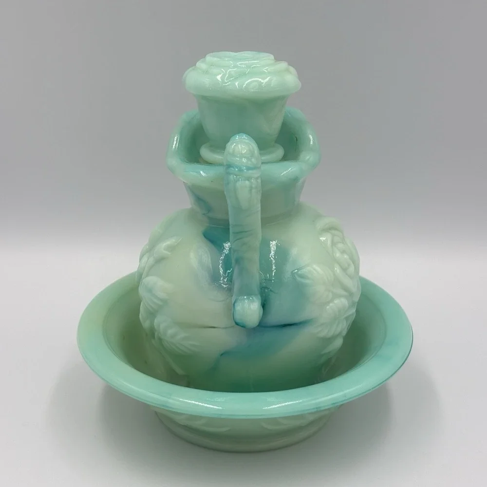 Vintage Avon Aqua Blue Jade Rose Mini Pitcher Bowl Vanity Bottle Set Grandmacore